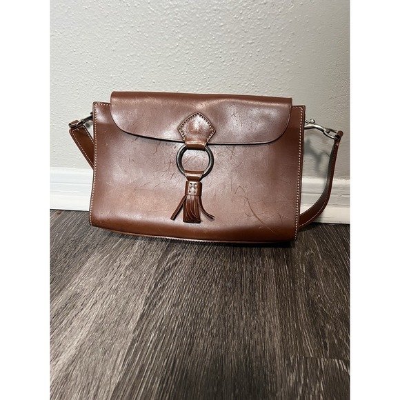 Dooney & Bourke Navy Brown Leather Tassel Buckle Shoulder Bag Convertible Clutch - Picture 1 of 7
